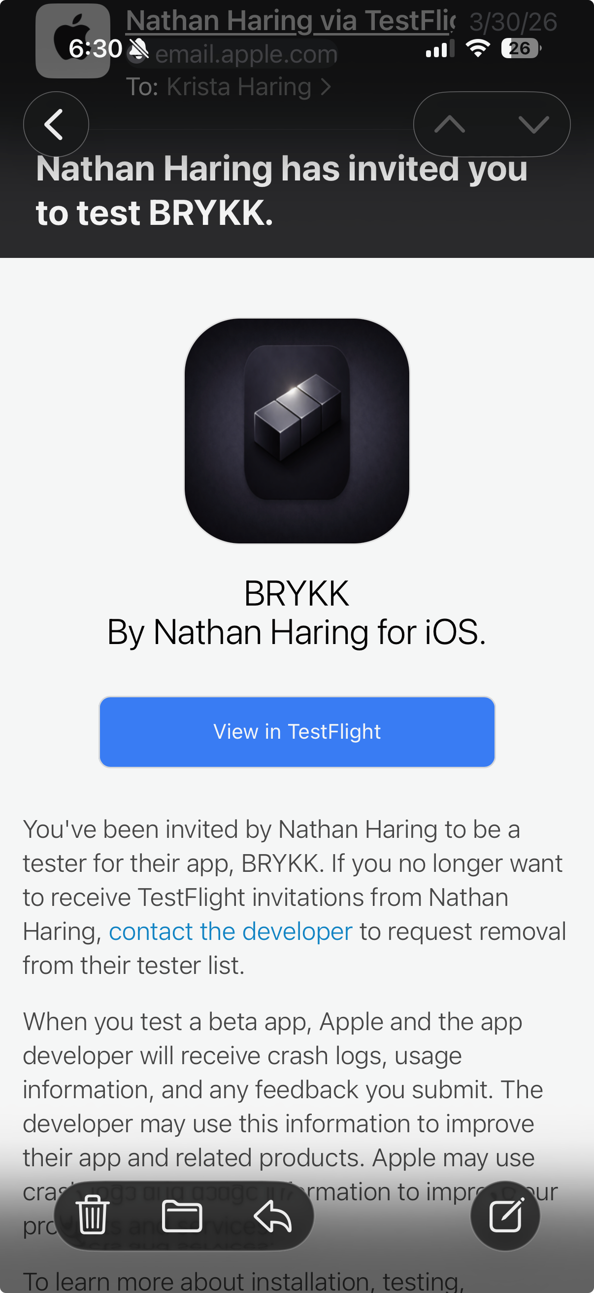 BRYKK TestFlight invite