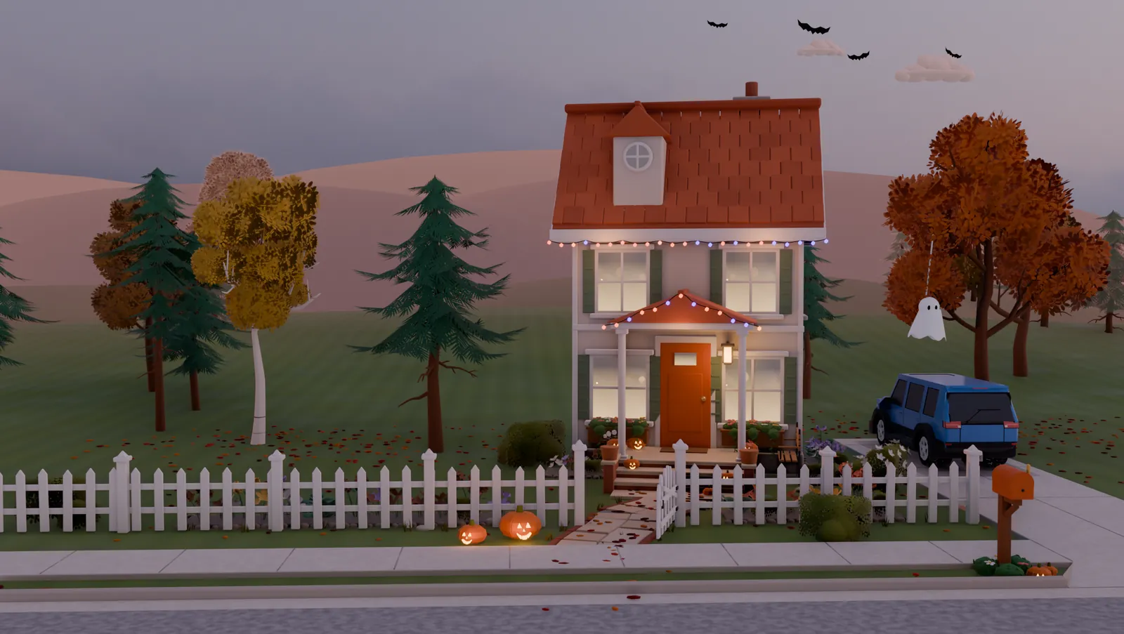 The family house dressed for Halloween at dusk