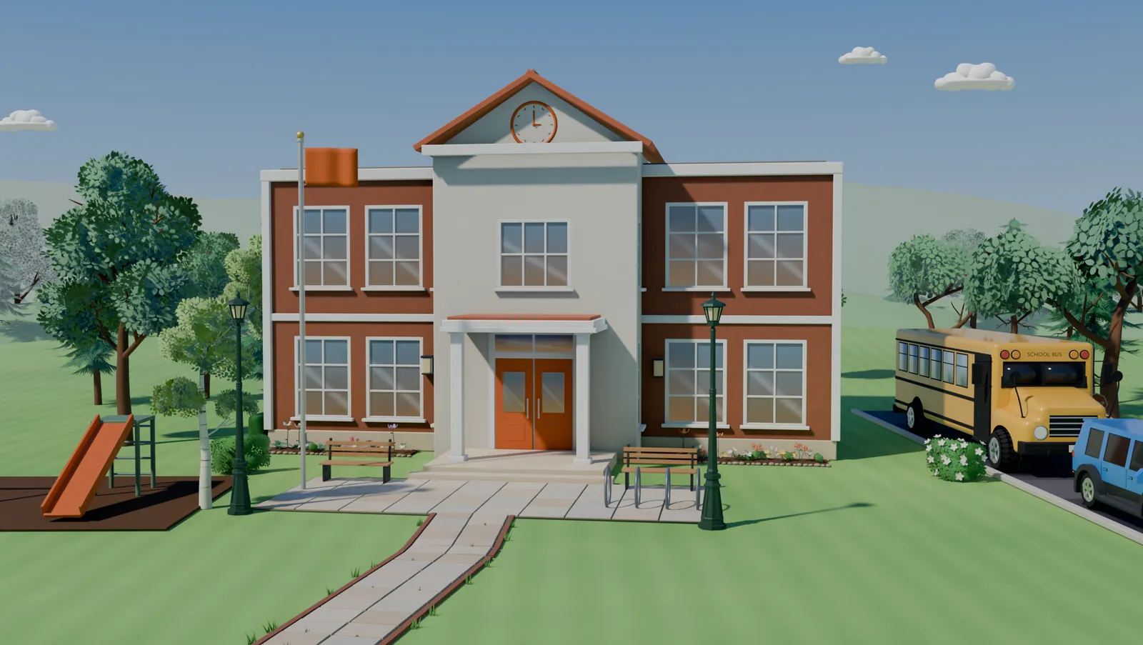 A brick elementary school with a school bus out front