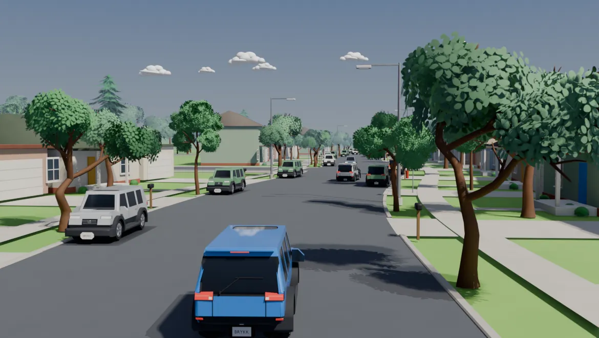 A car driving down a tree-lined neighborhood street